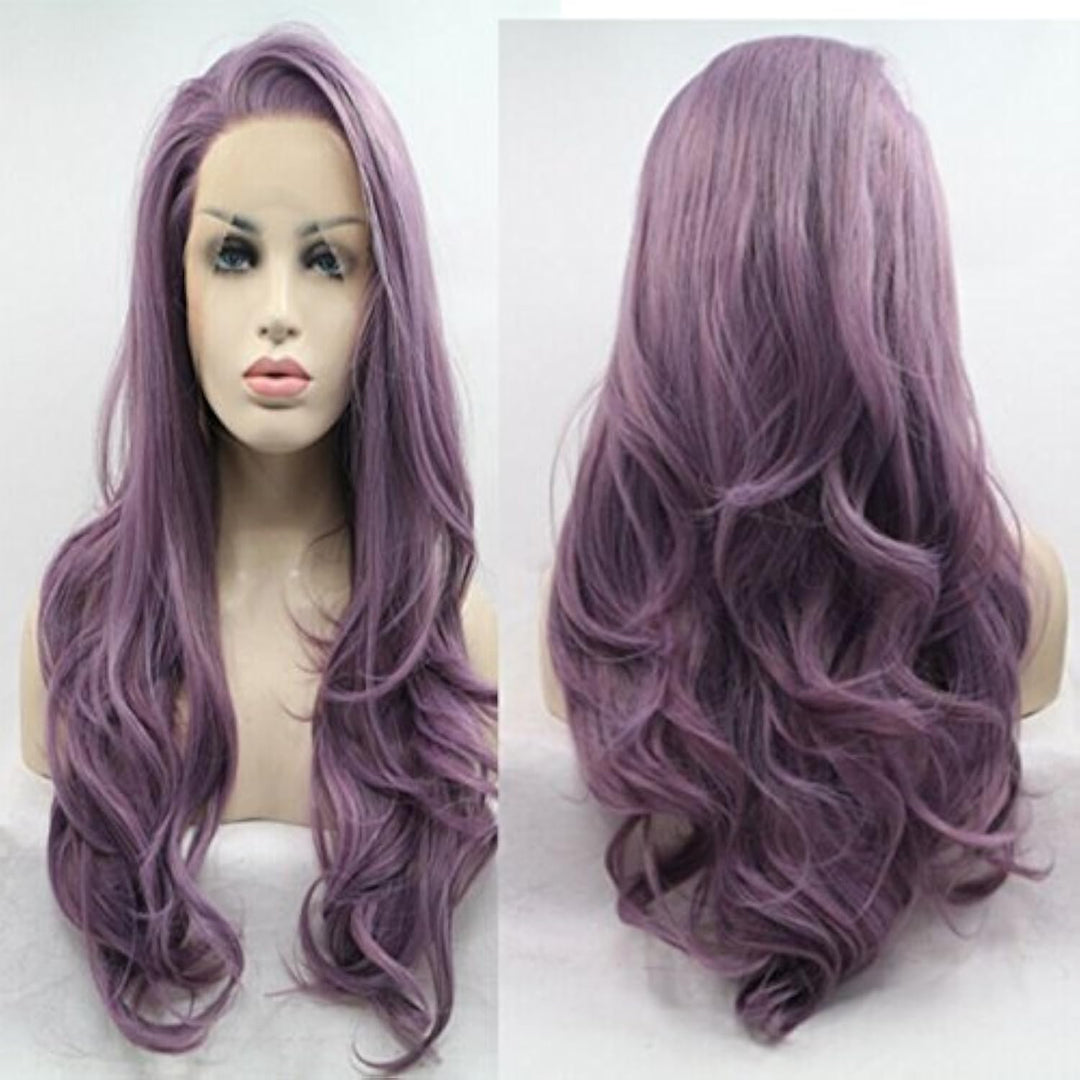 Elesty Long Wavy Synthetic Lace Front Wig Glueless Purple High Temperature Heat Resistant Fiber Hair Wigs For Women