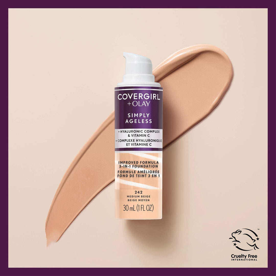 CoverGirl & Olay Simply Ageless 3-in-1 Liquid Foundation, Matte Finish, Hyaluronic & Vitamin C Formula, Cruelty Free, Toasted Almond, 1 Count