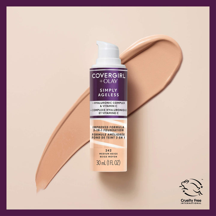 CoverGirl & Olay Simply Ageless 3-in-1 Liquid Foundation, Matte Finish, Hyaluronic & Vitamin C Formula, Cruelty Free, Toasted Almond, 1 Count