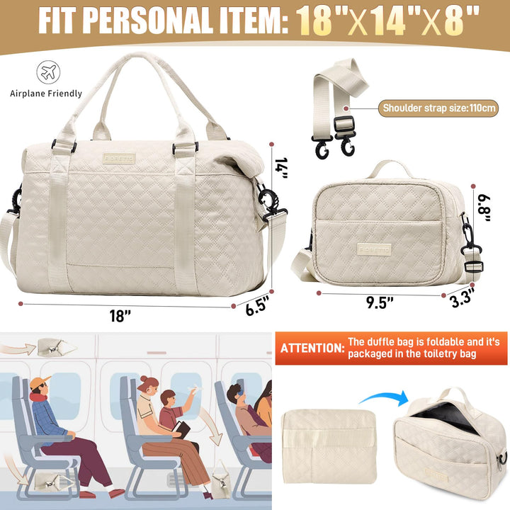 FIORETTO Women's Water-Resistant Travel Gym Duffle Bag with Detachable Strap, Multi-Functional, Ideal for Travel, Gym, Sports, Weekender, DUffel, with Toiletry Bag, Beige
