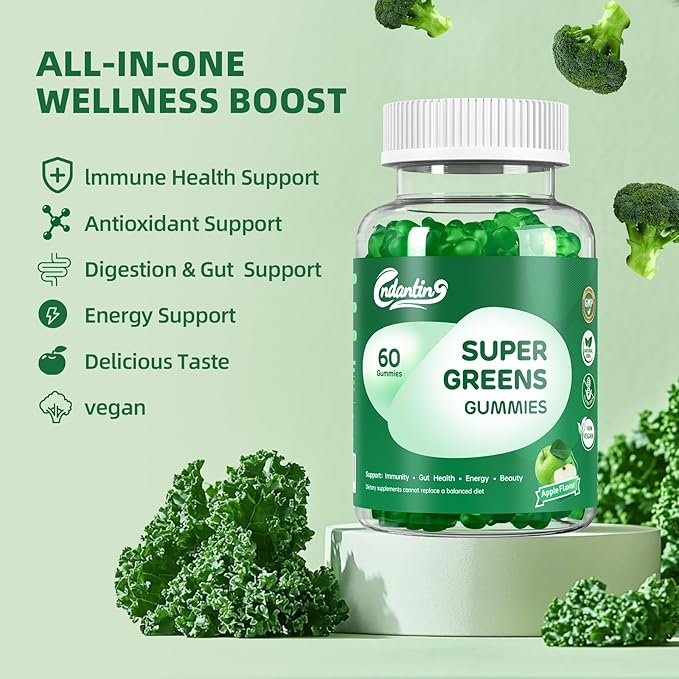 Super Greens Gummies for Women - Daily Vitamins Supplement with 20+ Nutrients, Vitamins and Minerals, Immune Support, Digestive Health, Energy Boost, Natural Green Apple Flavor, 60 Gummies