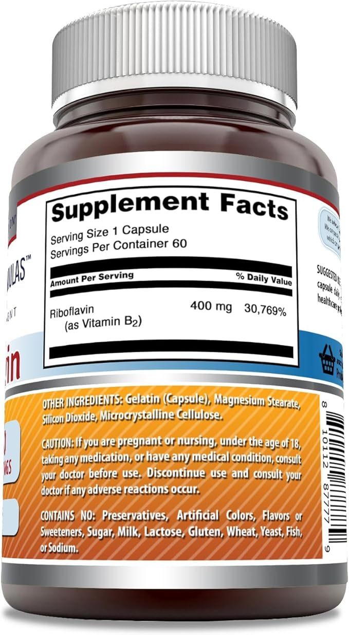 Amazing Formulas Riboflavin 400 mg Capsules | Vitamin B2 Supplement | Non-GMO | Gluten Free | Made in USA (3 Pack | 60 Count)