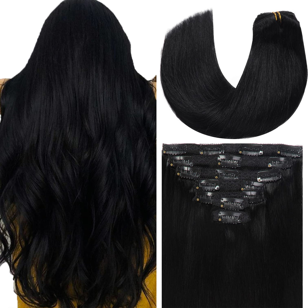 Loxxy Jet Black #1 Hair Extensions Clip In Human Hair Double Weft Thicker 100% Human Remy Hair Clip In New Version Thick Silky S