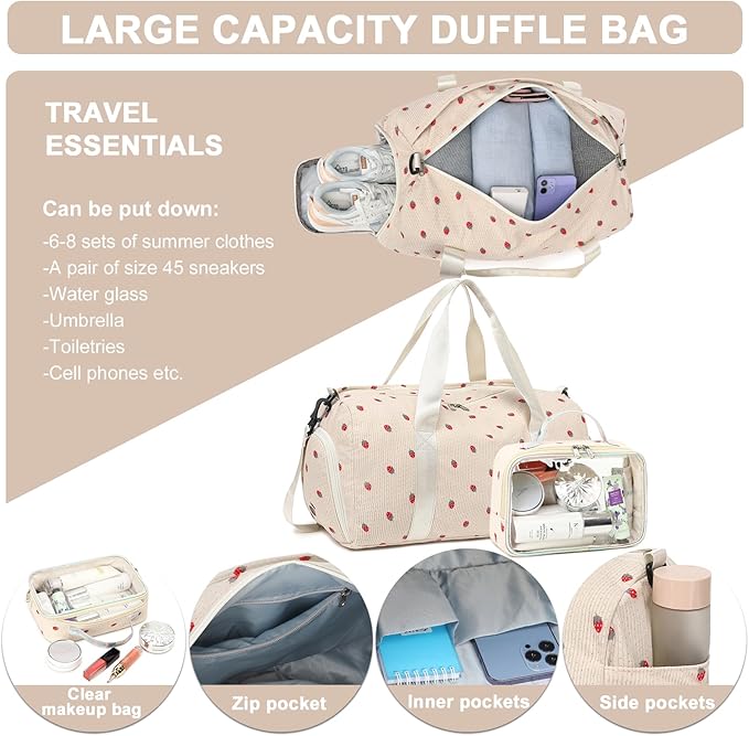 Duffle Bag for Gym Sports Women Girls Workout Travel Bag Weekender with Shoe Compartment and Wet Pocket