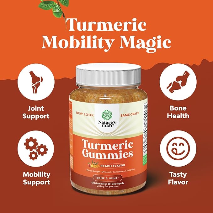 Turmeric Gummies for Adults Peach Flavor - Extra Strength Joint Support Gummies with Turmeric Curcumin with Black Pepper Extract and Ginger - and Ginger Peach Vitamins for Adults