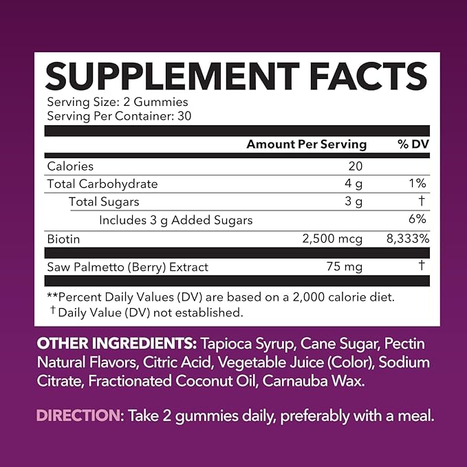 Saw Palmetto for Women with 2500mcg Biotin - DHT Blocker and Hair, Skin, Nail Health Gummies - 60 Count - Supports Stronger and Fuller Looking Locks and Radiant Skin - Vegan, Non-GMO, 1 Month Supply