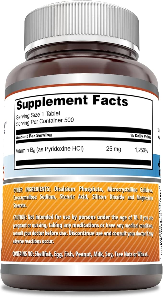 Amazing Formulas Vitamin B6 Pyridoxine 25mg Tablets Supplement | Non GMO | Gluten Free | Made in USA (500 Tablets)