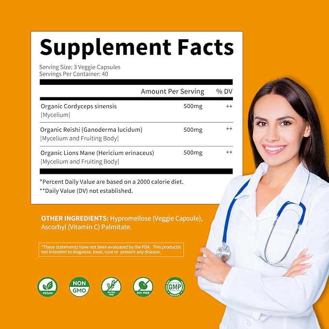 Mushroom Complex Supplement 120 Capsules - Brain, Energy, Focus Pills