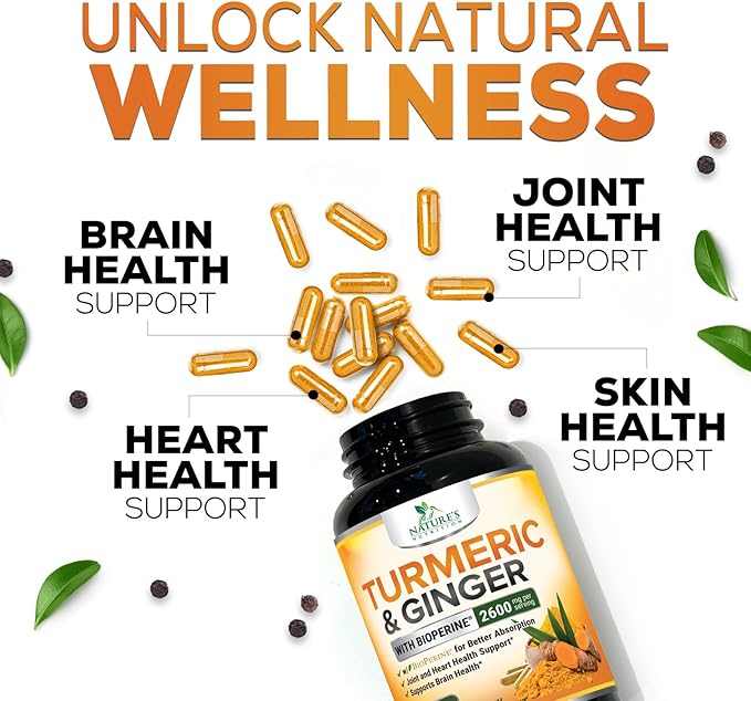 Turmeric Supplement Curcumin 2600mg - with Organic Ginger & Turmeric, BioPerine Black Pepper Extract 95% Curcuminoids - Advanced Absorption Antioxidant & Joint Support - Vegan - 60 Capsules