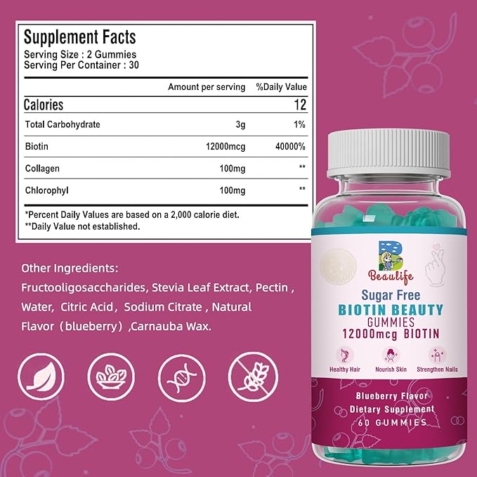 Biotin Collagen Gummies, Hair Skin and Nails,for Women & Men, Biotin, Chlorophyl, Collagen, Biotin Supplement, 60 Gummy Bears