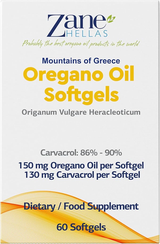 130 mg Carvacrol - 150 mg Oregano Oil per Softgel. World Highest Concentration Oregano Oil Capsule. Zane Hellas Oregano Oil. Softgel Contains 30% Greek Essential Oil of Oregano. 60 Softgels.