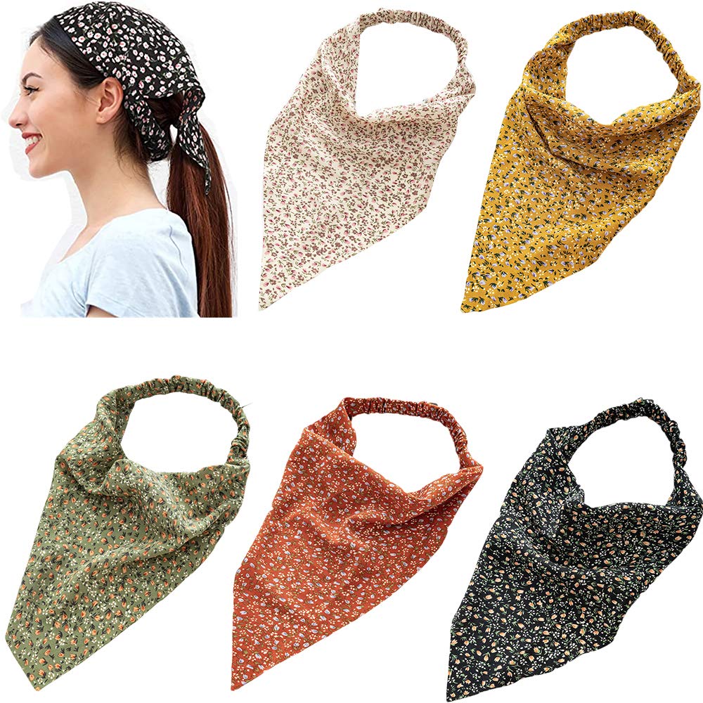 Dinprey 5 Pcs Chiffon Turban Head Kerchief Scarf Floral Hair Bandanas Scarf Floral Triangle Head Scarves Headband Boho Headbands