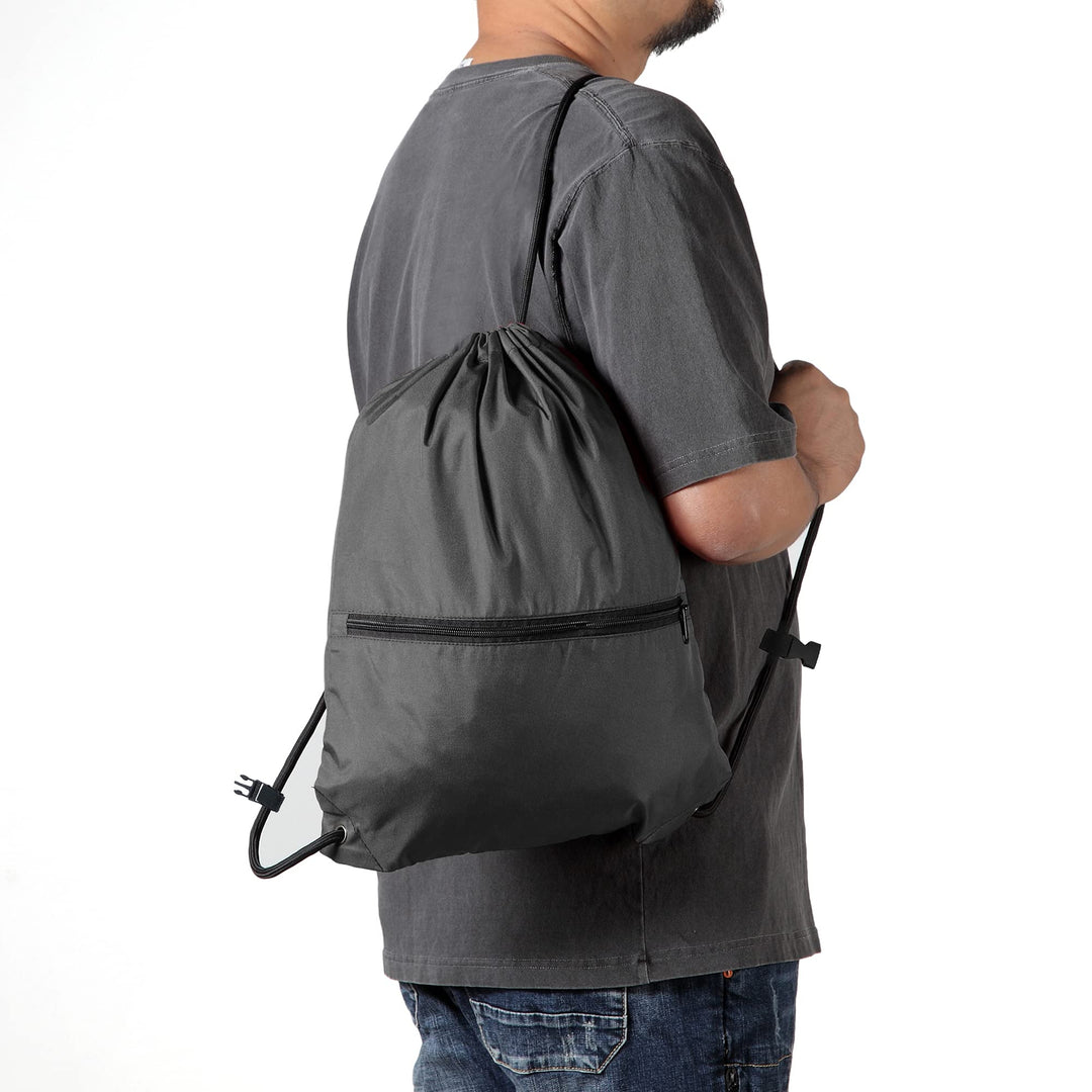 BeeGreen Black-Drawstring-Backpack-Gym-Bag with Front Zipper Pocket and Inner Pocket, Large 18.5" L x 13.8" W String Sackpack Cinch Sack Sports Workout Bag For Men Women