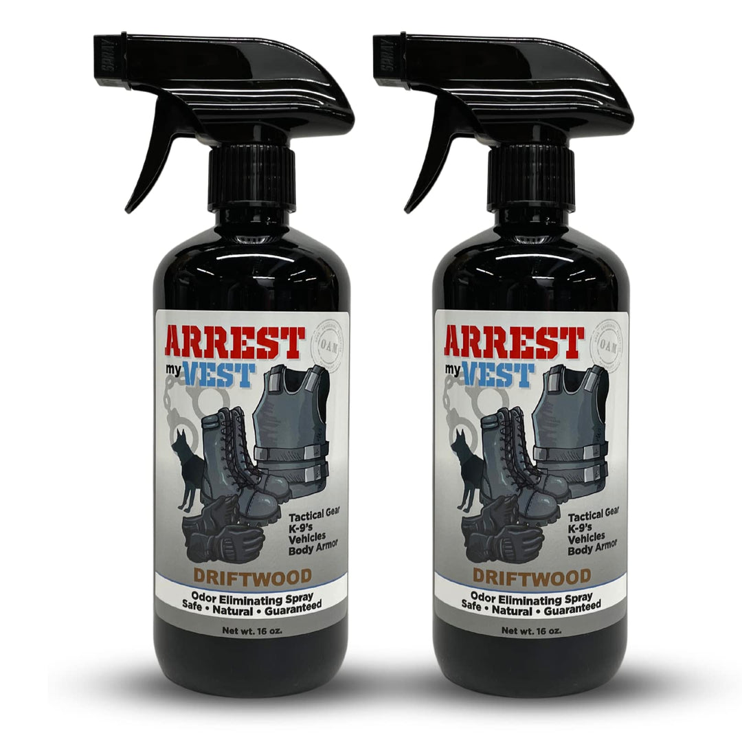 Arrest My Vest Military and Police Grade Odor Eliminating Spray for Body Armor Odor, Tactical Gear. Safe on K9's. Safe on all ballistic vests and fabrics - New Driftwood Fragrance - 2 16 oz Bottles