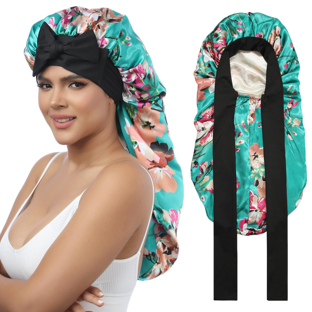 Awaytr Long Satin Bonnet For Women - Double Layer Elastic Silk Bonnet For Braids Hair Sleeping Cap With Tie Band (Flower A)