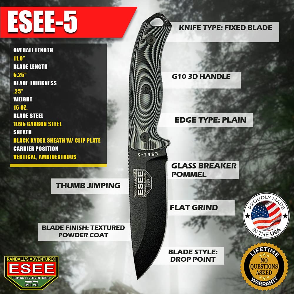 ESEE-5 1095 Carbon Steel, Black Kydex Sheath (Black Blade, Gray/Black G10 3D Handle)
