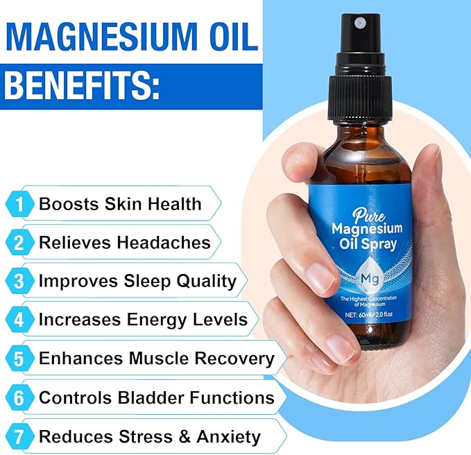 Pure Magnesium Oil Spray, Natural Organic Magnesium Oil, Easy to Use, Easy Quick to Absorb with Topical Glass Bottle(2PCS 60ML)