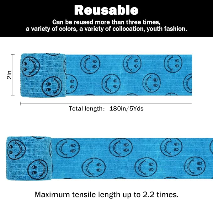 Cohesive Bandage First Aid Tape - Self Adherent Wrap Adhesive Bandages - Colorful Bandages (Blue Smile, 2-Inch)