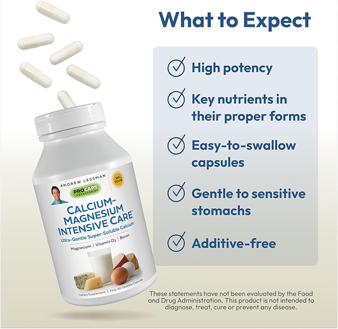 ANDREW LESSMAN Calcium Magnesium Intensive Care 500 Capsules - Bone and Skeleton Health Essentials. Easy to Swallow Capsules, Super Soluble Fine Powder. Gentle to Even The Most Sensitive Stomachs