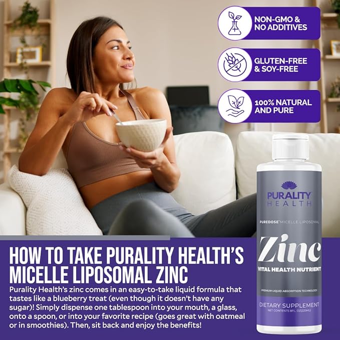 Liposomal Zinc, Purality Health,15mg of Zinc per Serving, Liquid Zinc, Blueberry Flavor, Vegan, Gluten-Free, 15 Day Supply
