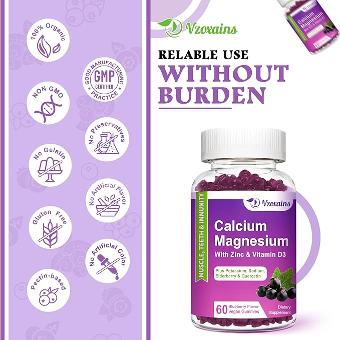 High Absorption Calcium Gummies, Calcium Magnesium Zinc with Magnesium Glycinate, Potassium, Vitamin D3 for Women & Men- Blueberry Flavored 60 Cts