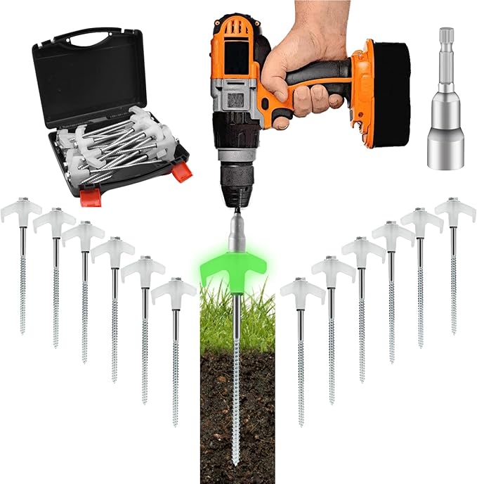 16 Pcs 8" Heavy Duty Metal Threaded Tent Stakes Tent Pegs Ground Stakes Glow in The Dark Drill in Style Ground Anchors Screw in for Yard Camping Garden Canopies Grassland (Hex Tool and Carry Case)