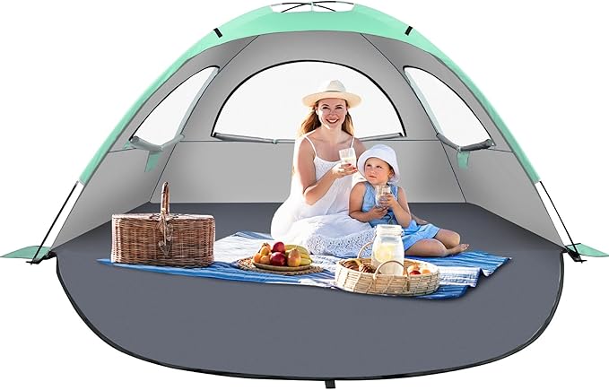Beach Tent Sun Shelter for 3-4Person, Lightweight Beach Tent with UV Protection, 3 Mesh Roll Up Windows & 8.0mm Fiberglass, Easy Assemble