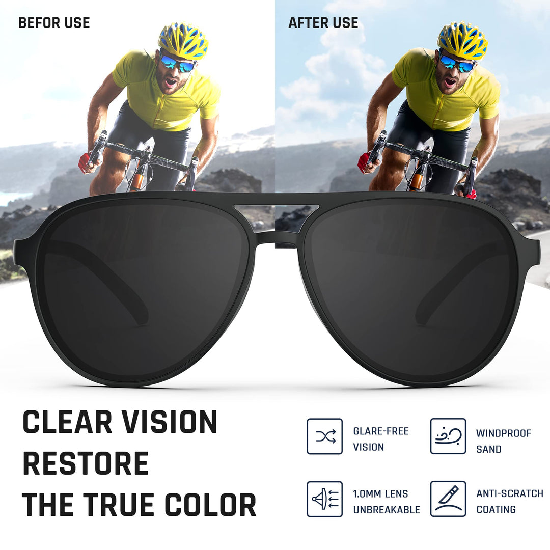 TOREGE Aviator Sunglasses For Men Women Polarized Sunglasses, Black Lightweight Sports Sun Glasses UV400 Protection For Cycling Running Fishing Boating Golf Driving TR75 (Matte Black&Gray Lens C1)