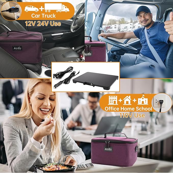 Aotto Portable Oven, Electric Lunch Box Food Heater - 12V/24V/110V 3-in-1 Car Food Warmer - Heated Lunch Box for Adults - Cook, Reheat & Keep Meals Warm for Vehicle, Travel, Work, Home - Deep Purple