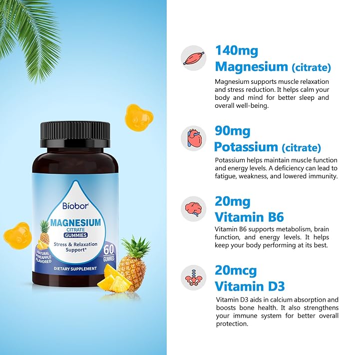 Potassium Magnesium Gummies, Magnesium Citrate & Potassium Citrate Supplements with Vitamin D3, B6 for Electrolyte Balance, Muscle, Leg Cramps, GMO Free Gluten Free (Pineapple,60 Count)