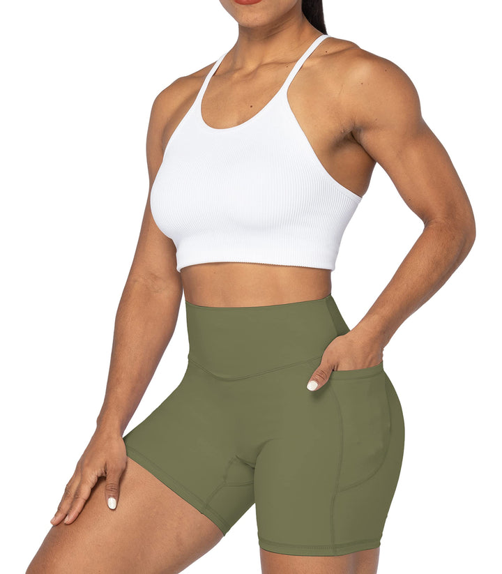 Sunzel No Front Seam Biker Shorts for Women with Pockets, Yoga Workout Gym Bike Shorts with Tummy Control 5" Olive Green X-Small