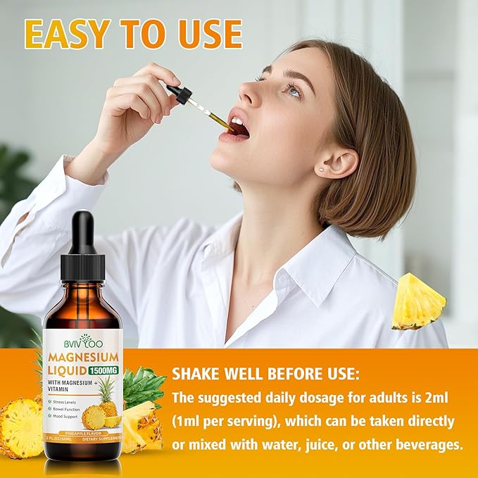 Magnesium Glycinate Liquid, High Absorption Magnesium Liquid Drops with Cellulose Fiber, Bromelain, Vitamins B6 C D & Zinc, Magnesium Supplement for Adults & Kids, Pineapple Flavor - 2 Fl Oz