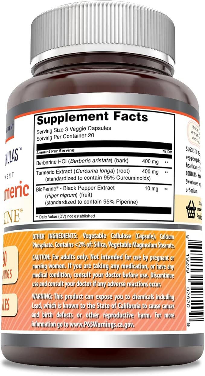 Amazing Formulas Berberine Turmeric & Bioperine 800mg Per Serving 60 Veggie Capsules Supplement | Non GMO | Gluten Free | Made in USA | Ideal for Vegetarians