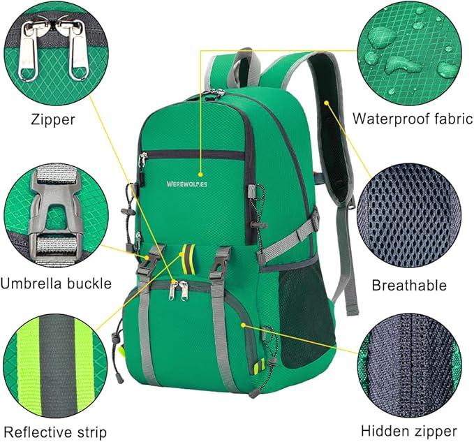 WEREWOLVES 20/35L Lightweight Hiking Backpack, Ultralight Water Resistant Packable Daypack for Women Men