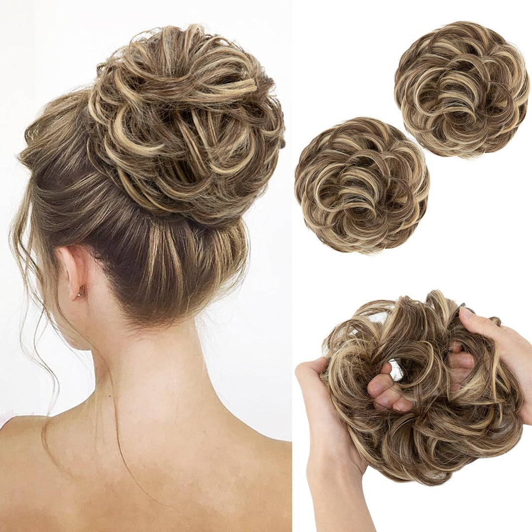 SARLA 2PCS Messy Hair Bun Hair Pieces Wavy Curly Synthetic Updo Fake Scrunchies Ponytail Extension for Women Bernstein Multi