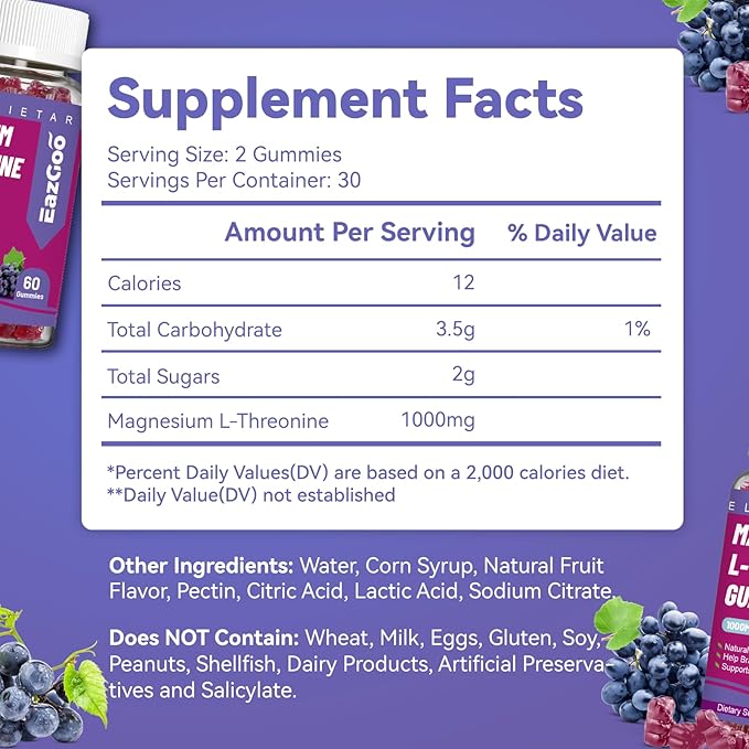 Magnesium Threonine Gummies 1000mg, L-Threonine Gummies for Adults, Best Magnesium Supplements for Brain, Non-GMO, Gluten Free, Vegan, 60 Grape Magnesium Gummies, 30 Day Supply