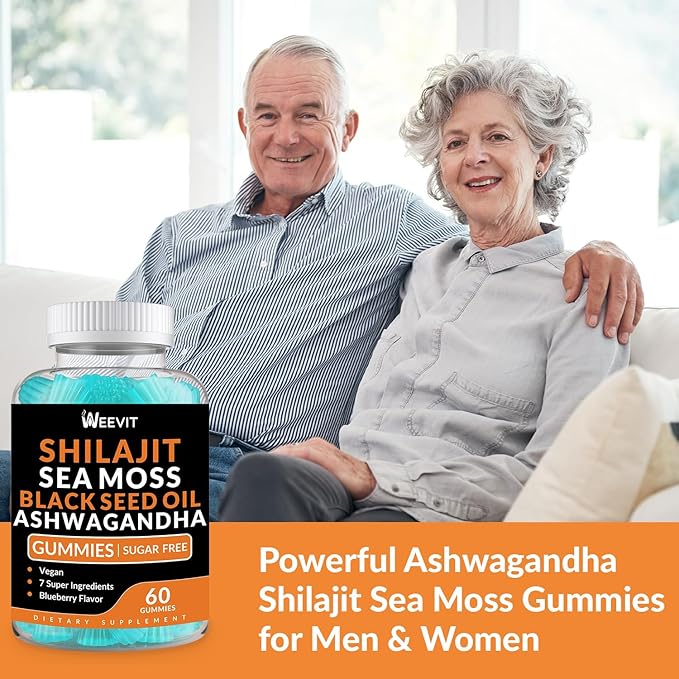 Shilajit Sea Moss Ashwagandha Gummies with Turmeric, Black Seed Oil, Vitamin C D for Men & Women, Shilajit and Ashwagandha Gummy, All in 1 Supplements for Immune, Absorption & Energy Support