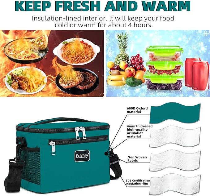 BEIMILY Lunch Box for Men/Women,Small Insulated Lunch Bag,Reusable LunchBox for work Picnic Beach,Leakproof Soft Cooler Tote Bag Organizer with Adjustable Shoulder Strap for Adults (Dark teal)