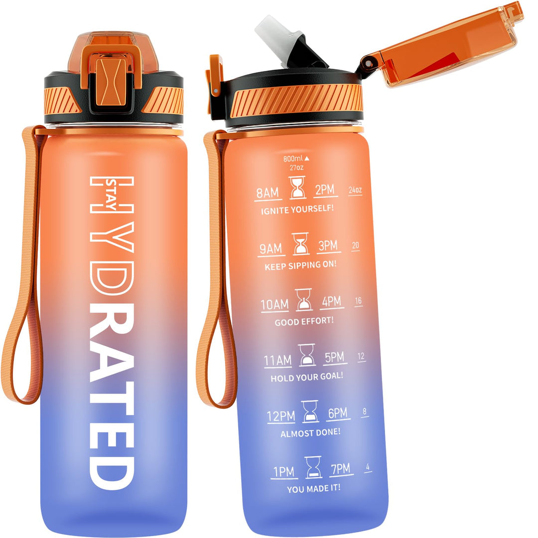 QLUR Water Bottle with Straw, 27 oz Motivational Water Bottles with Time Marker to Drink, Tritan BPA Free, 800ml Sports Water Bottle with Carry Strap LeakProof for School Fitness Outdoor (1Pack)