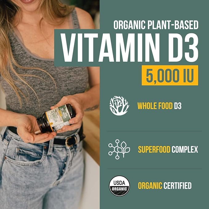 Organic Vitamin D3 5,000 IU - 100% Whole Food & Plant-Based Cholecalciferol Form, 100% Vegan Vitamin D - Enhanced with Prebiotic & Superfood Complex – Organic, Vegan, GMO & Gluten Free (60 Capsules)