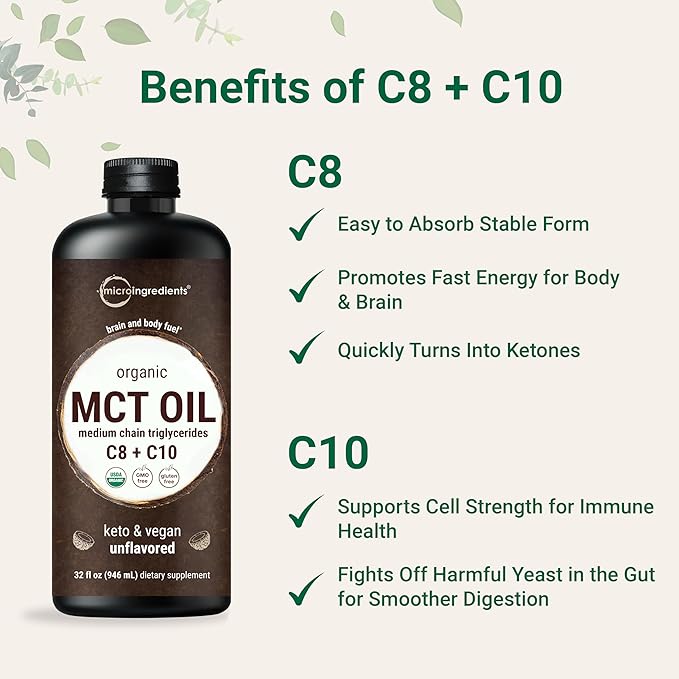 MCT Oil Organic, 32 fl oz |100% Virgin Coconut with C8 + C10 Fatty Acids | Natural Fuel for Brain Energy & Ketone Production | Great for Coffee or Dressings | Unflavored, Keto, Vegan