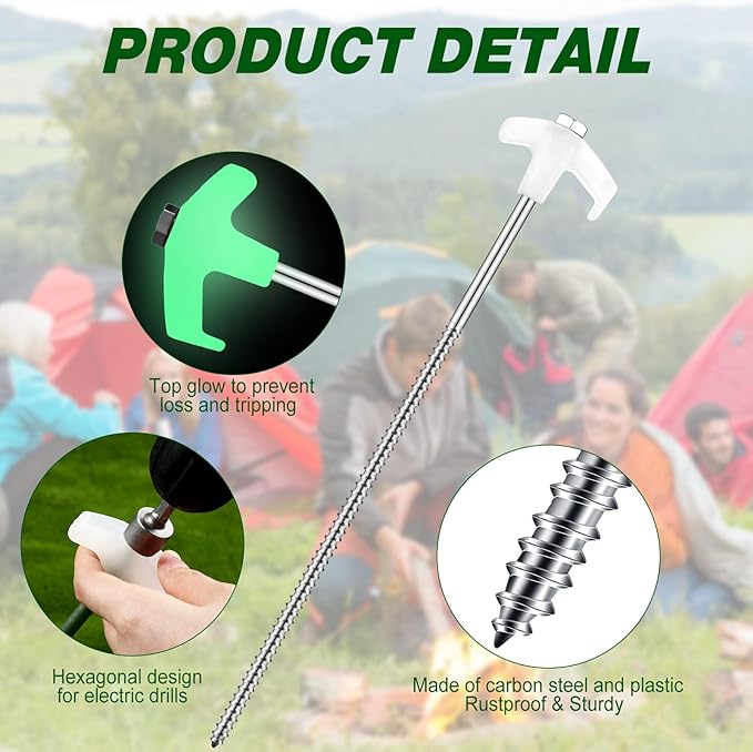 Hicarer 12 Inch Tent Stakes Screw in Camping Stakes Heavy Duty Metal Stake Ground Anchor Peg Threaded Tent Spikes with Hex Head Driver for Camping Garden Inflatable