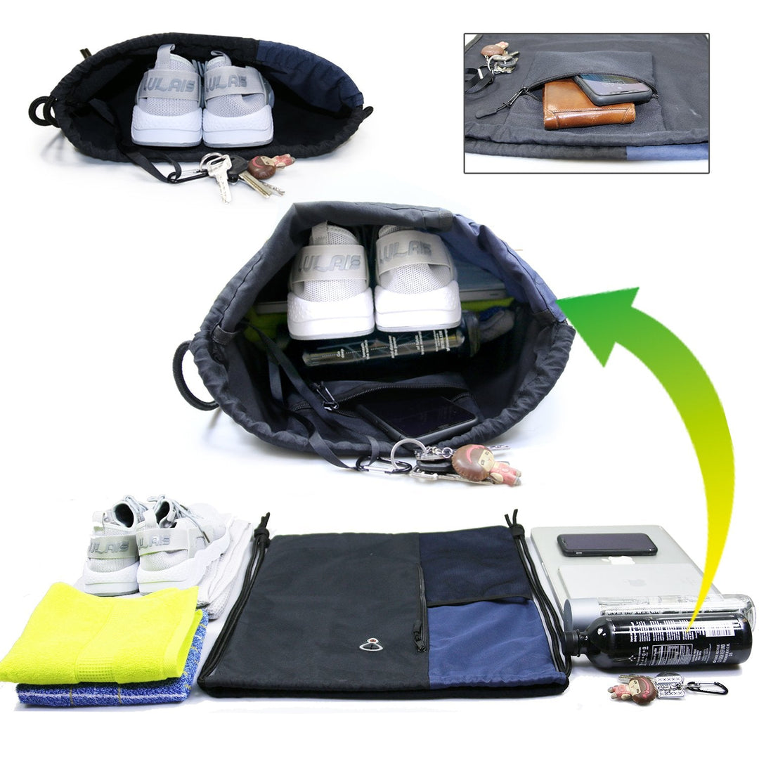 BeeGreen Drawstring Backpack Sports Gym Bag for Women Men Large Cinch Sackpack with 2 Zipper Pockets and Water Bottle Mesh Pockets Black Navy