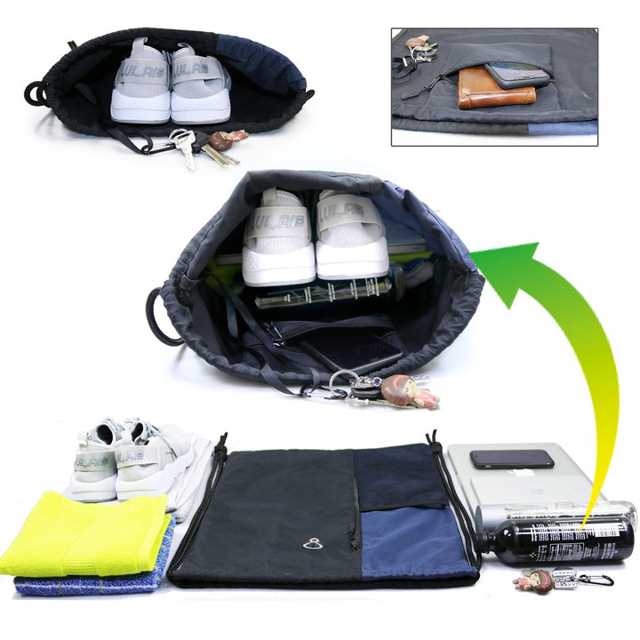 BeeGreen Drawstring Backpack Sports Gym Bag for Women Men Large Cinch Sackpack with 2 Zipper Pockets and Water Bottle Mesh Pockets Black Navy