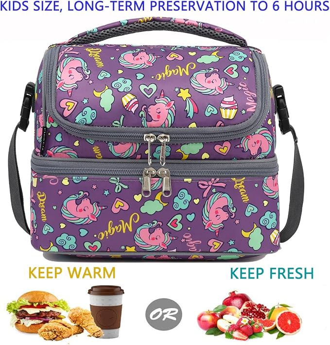 FlowFly Double Decker Cooler Insulated Lunch Bag Large Tote for Boys, Girls, Men, Women, With Adjustable Strap (Purple-Unicorn)