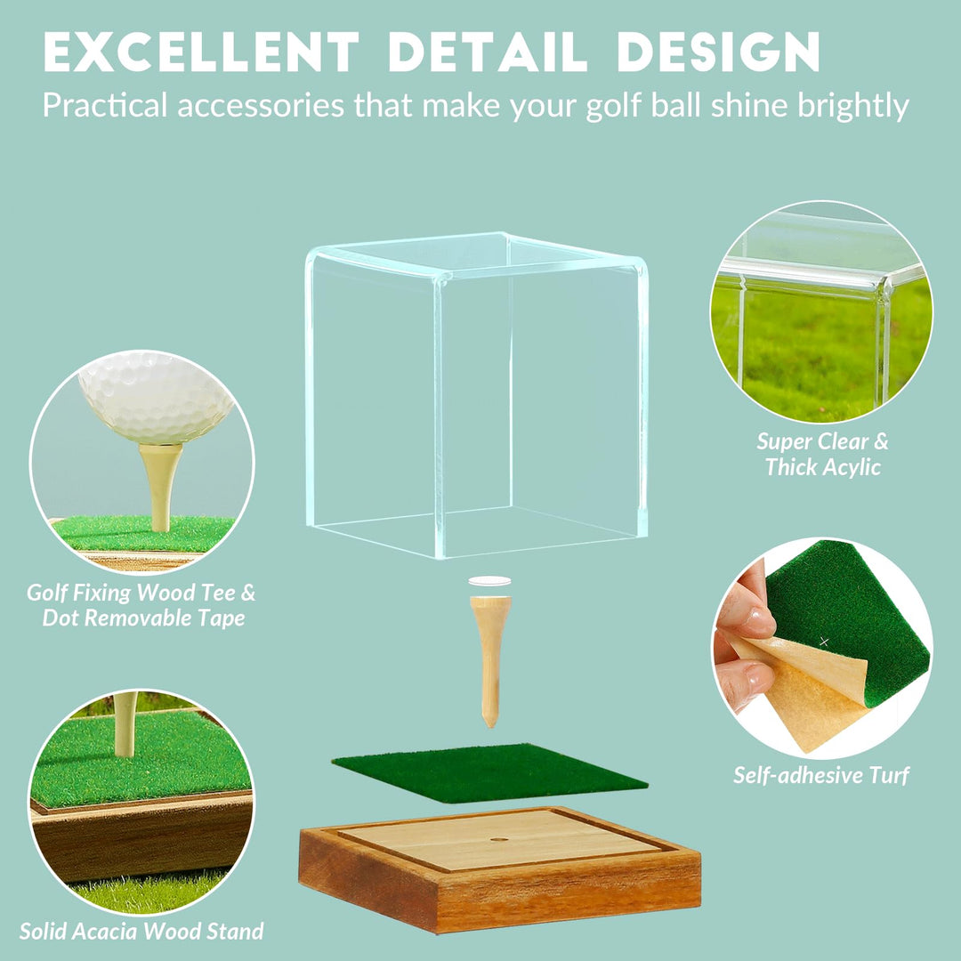 JupDec Golf Ball Display Case Clear Acrylic Memorabilia Stand Cube Holder with Wood Base & Tee, Dust Protection Transparent Storage Box for Single Ball Souvenir Golfball Collections, Brown, 1 Pack