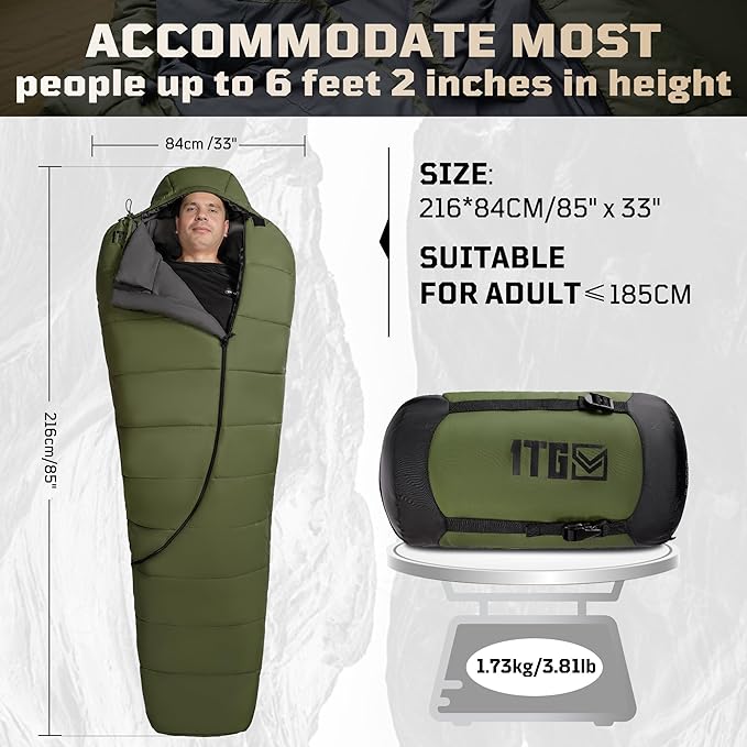 Mummy Sleeping Bag for Adults, Cold Weather Camping Sleeping Bags (25-36℉) with Adjustable Hood, Phone Pocket, Compression Sack for Warm Camping Hiking Outdoor