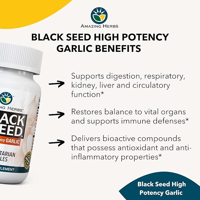 Amazing Herbs Whole Spectrum Black Seed & High Potency Garlic, Vegetarian Capsules - Gluten-Free, Non-GMO, Vegan, Supports Immune System, Lung Function, & Cardiovascular Health - 100 Count