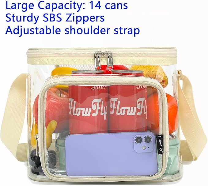 FlowFly Insulated Reusable Lunch Bag Adult Large Lunch Box for Women and Men with Adjustable Shoulder Strap,Front Zipper Pocket and Dual Large Mesh Side Pockets,Clear#Biege