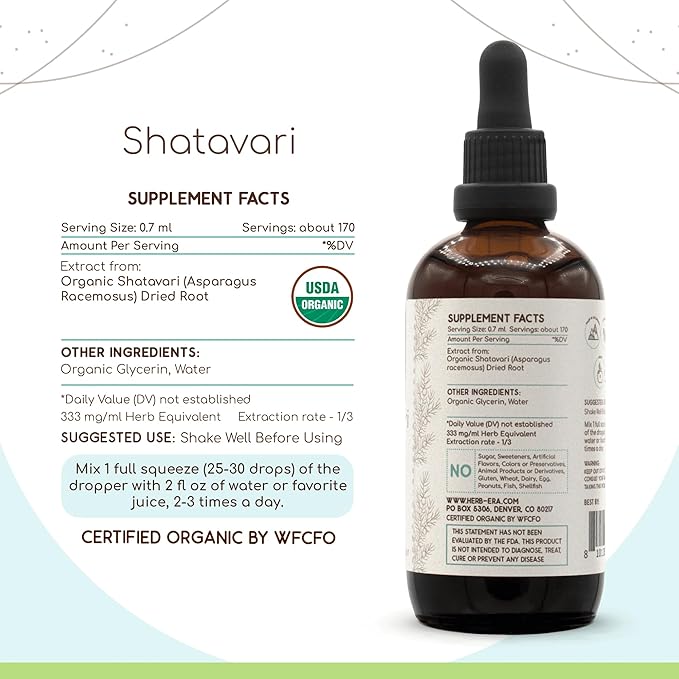 Shatavari B120 USDA Organic Tincture | Alcohol-Free Extract, High-Potency Herbal Drops | Certified Organic Shatavari (Asparagus racemosus) Dried Root (4 oz)